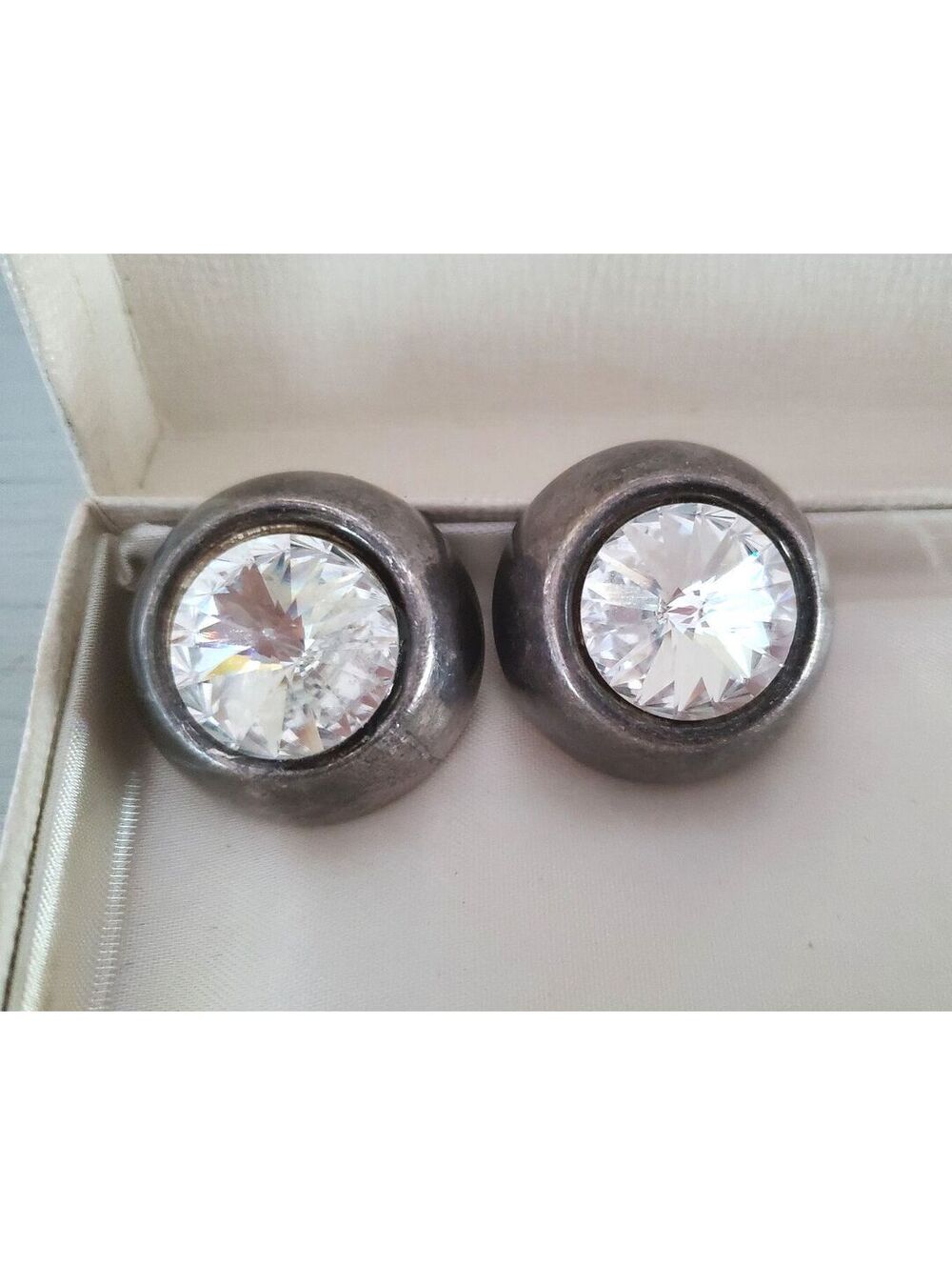 Vintage Mid-Century Silver Plate Large Rhinestone Statement Clip On Earrings